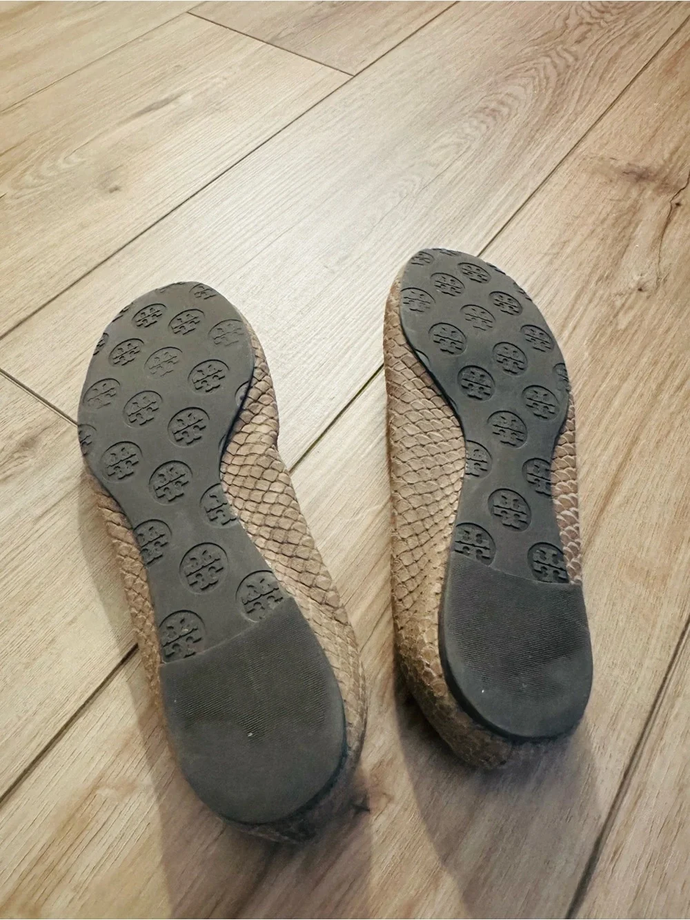 Tory Burch Taupe Snake-Embossed Logo Ballet Flats